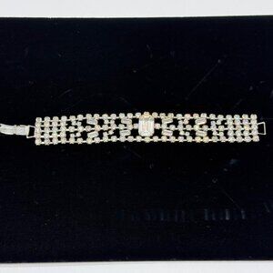 Vtg Clear Rhinestone Silver Tone Wide Bracelet Emerald Cut Center Stone Baguette